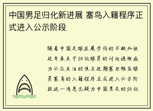 中国男足归化新进展 塞鸟入籍程序正式进入公示阶段