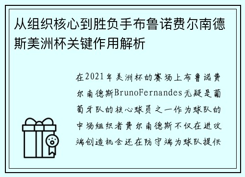 从组织核心到胜负手布鲁诺费尔南德斯美洲杯关键作用解析