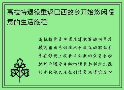 高拉特退役重返巴西故乡开始悠闲惬意的生活旅程