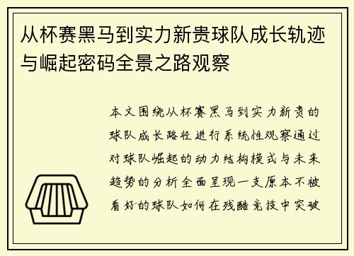 从杯赛黑马到实力新贵球队成长轨迹与崛起密码全景之路观察